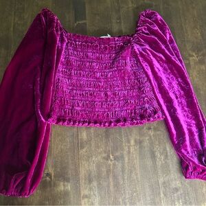 Anthropologie M Puff-Sleeved Velvet Blouse Top Rose‎ Pink Peasant Square Sexy